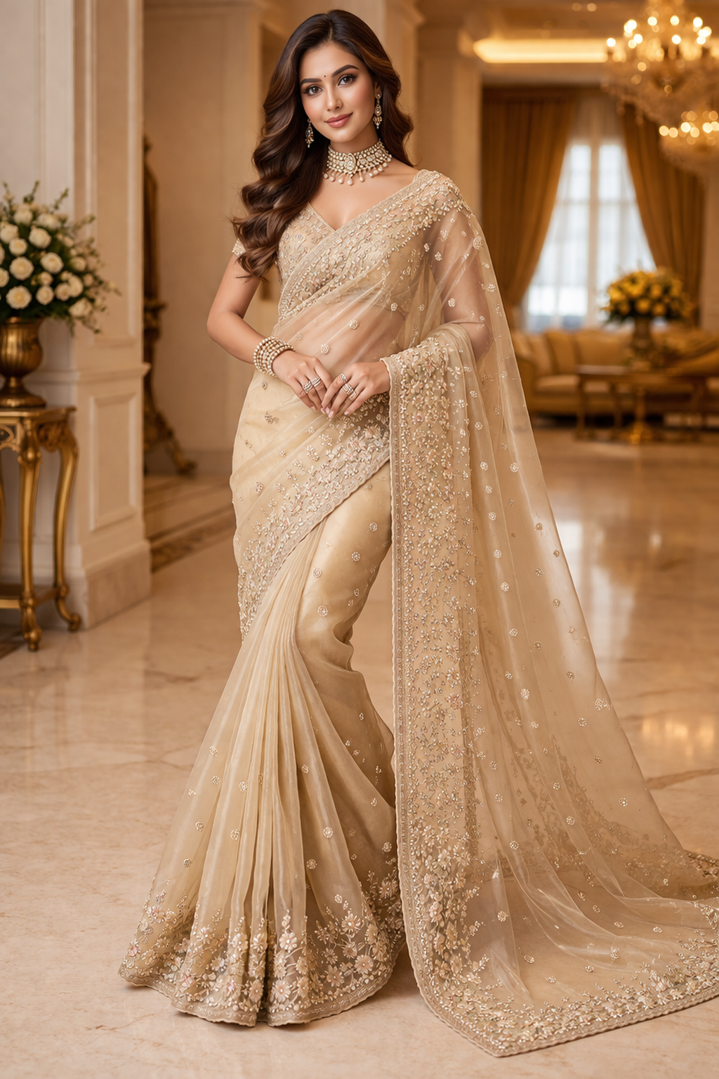 Fancy Organza Saree in Champagne Gold with Embroidered Border
