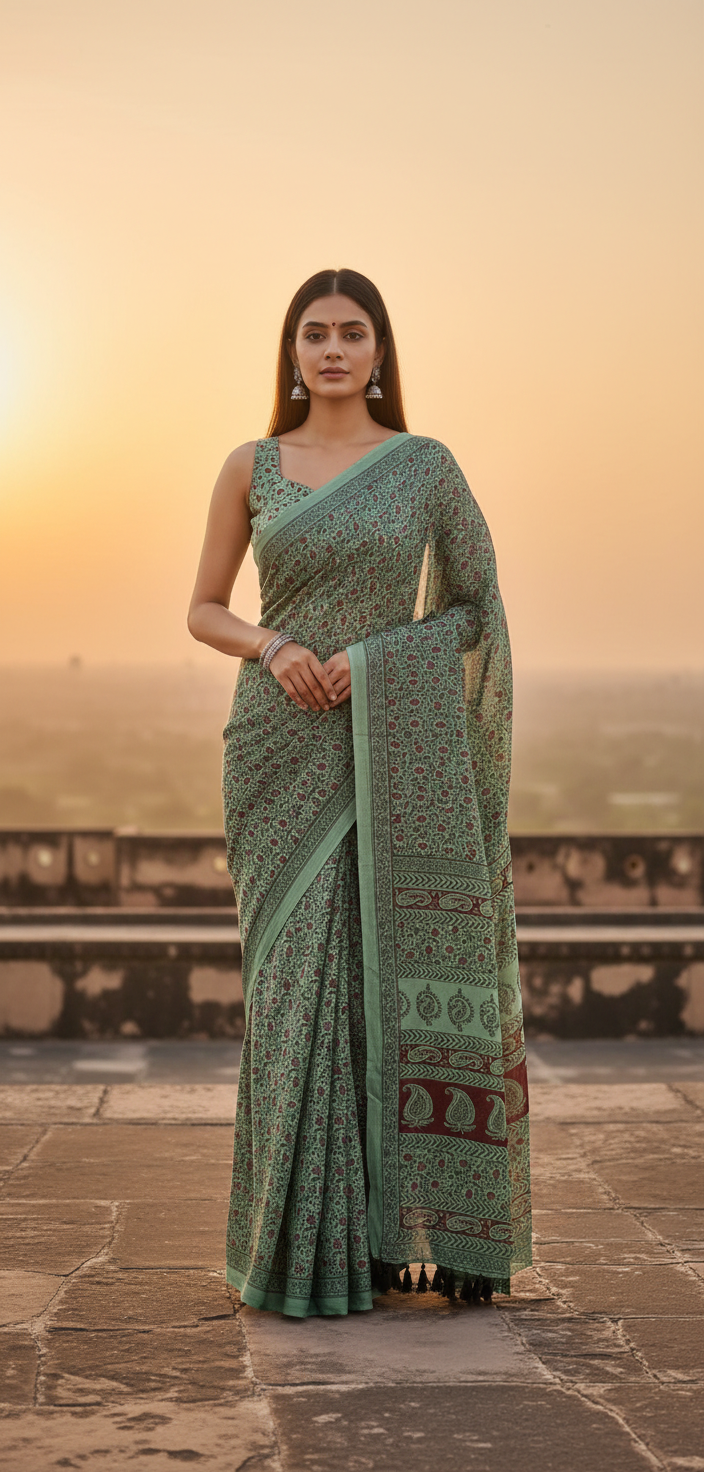 Bagh Print Muslin Silk Saree in Teal green with maroon  & Black prints