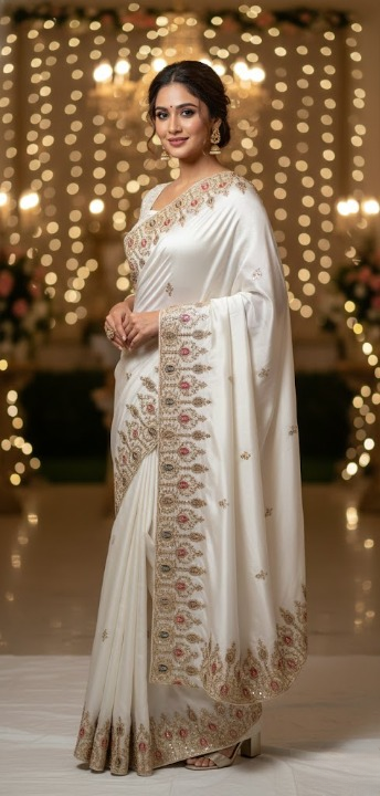 Off White Semi Silk-Blend Saree
