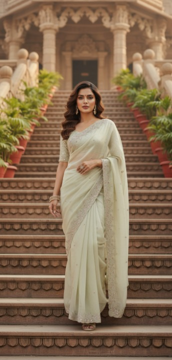 Fancy Organza Saree in Pistachio Green with Floral Vine Embroidery