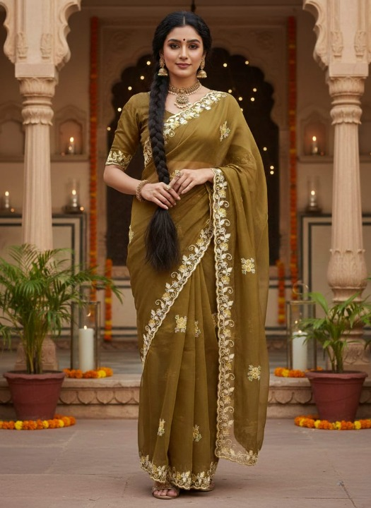 Fancy Organza Saree in Warm Golden Brown with Silver Floral Embroidery