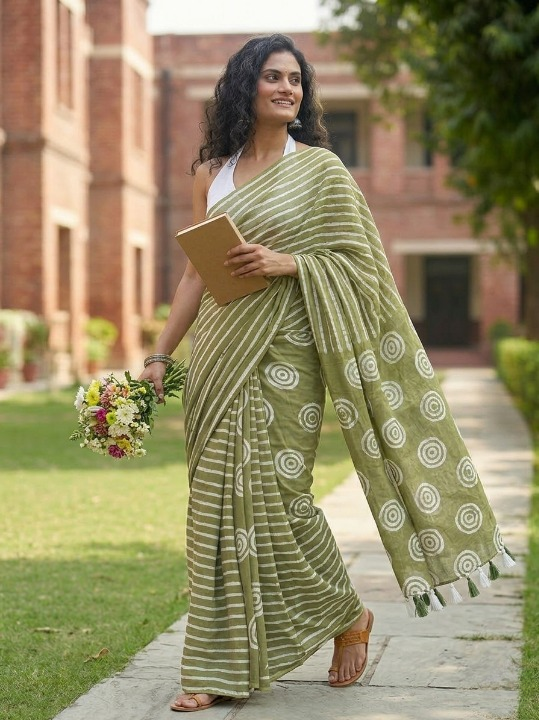Batik Print Muslin Silk Saree in Olive Green with Off-White Motifs