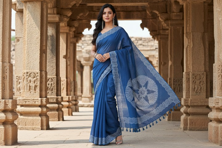 Batik Print Muslin Silk Saree in Deep Indigo with Ivory Motifs
