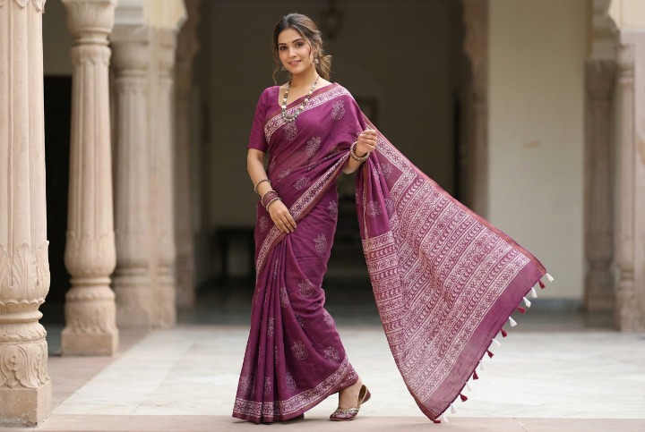 Batik Print Maheshwari Cotton Saree in Wine Purple with White Motifs