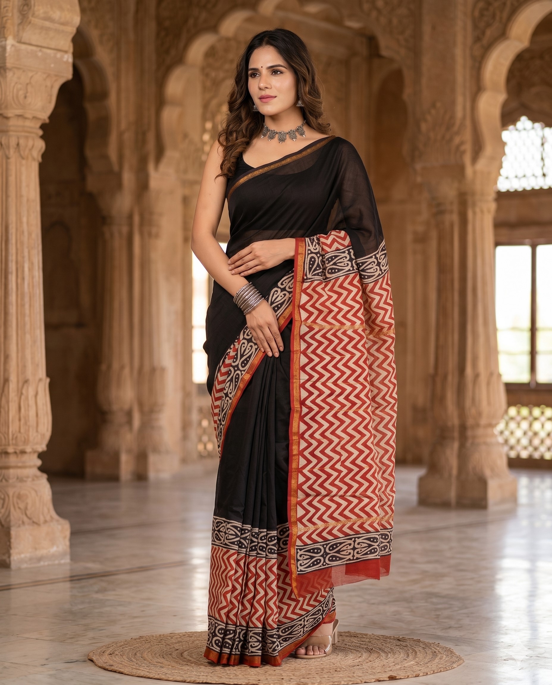 Deep Black with Rich Red and Ivory accents saree