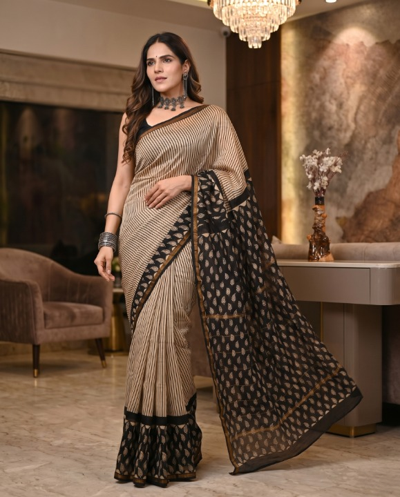 Elegant Black & Off-White Saree