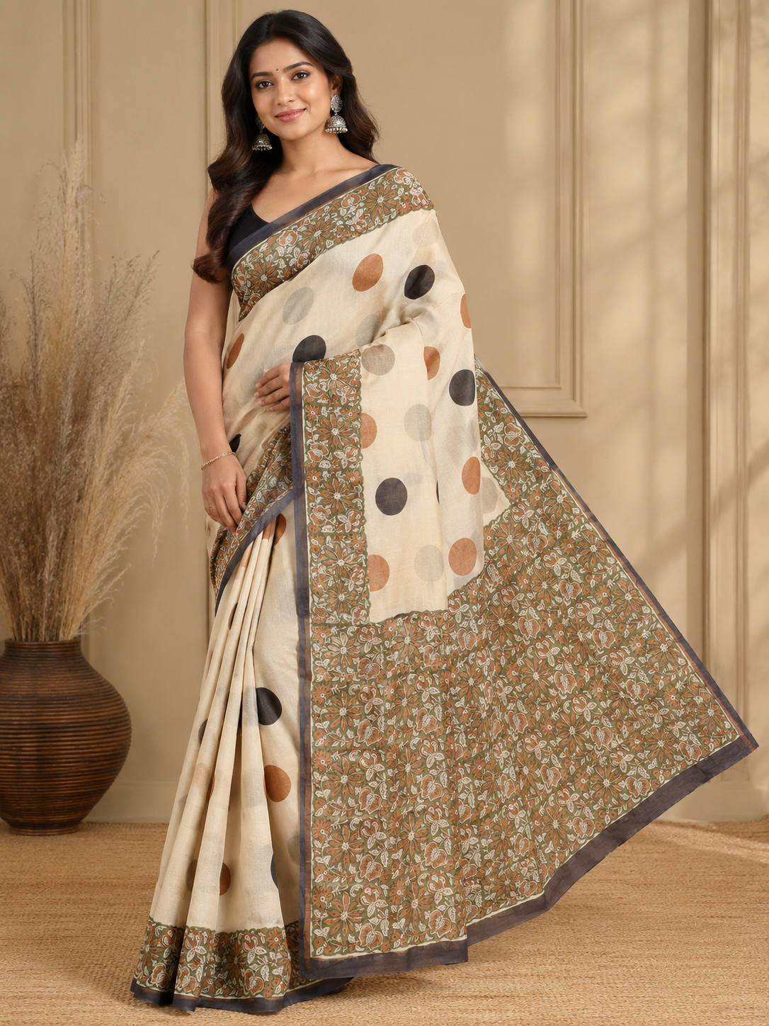 Ivory Cream Polka Dot Chanderi Saree