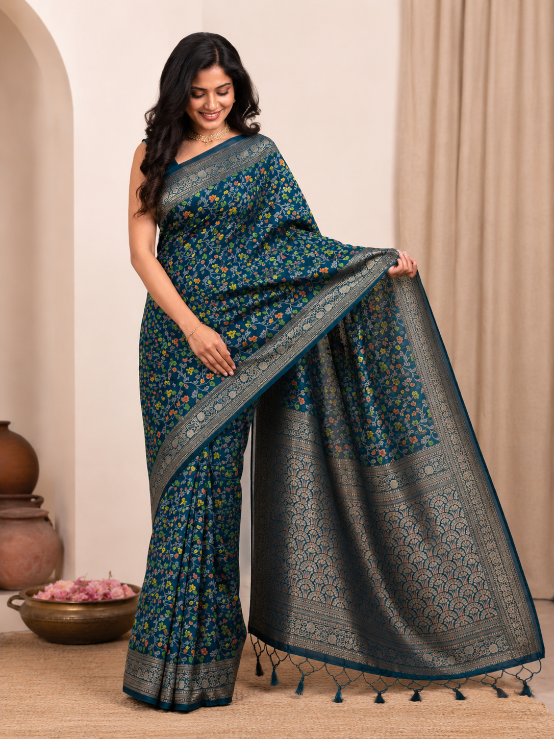 Ocean Teal  Khadi Pashmina Saree